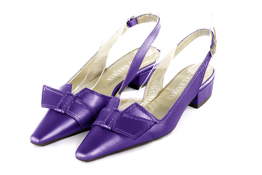 Amethyst purple women's open back shoes, with a knot. Tapered toe. Low block heels. Front view - Florence KOOIJMAN